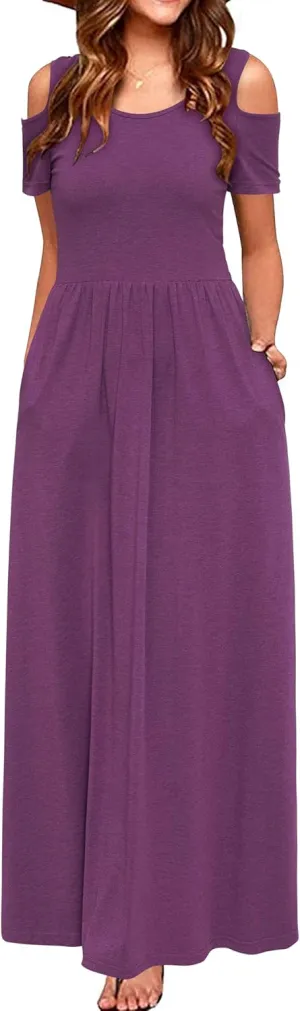 STYLEWORD Women's 2025 Summer Maxi Long Dresses Cold Shoulder Sundress with Pocket