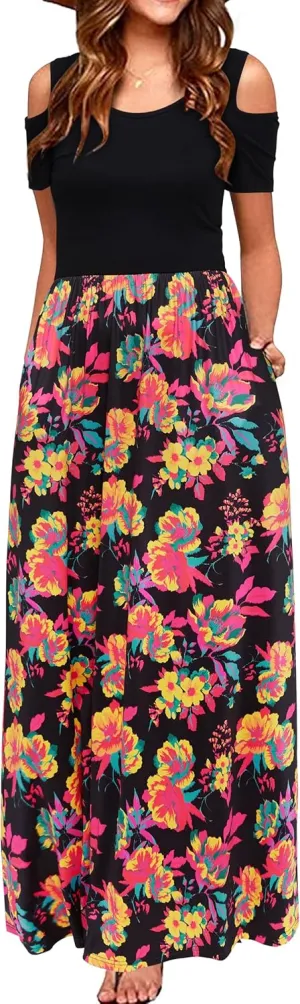 STYLEWORD Women's 2025 Summer Maxi Long Dresses Cold Shoulder Sundress with Pocket