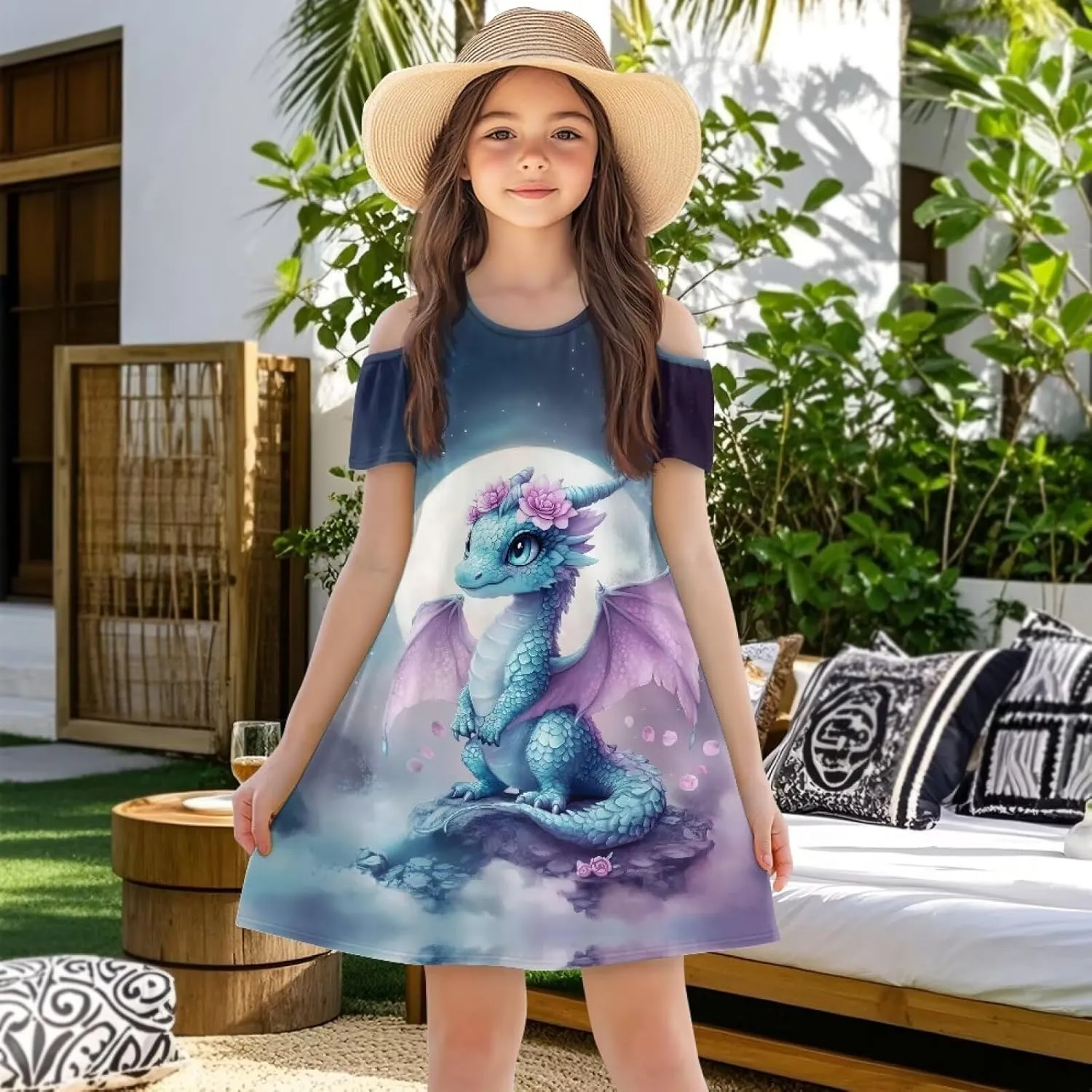 Summer Dress for Girls 3-13Y Kids Cold Shoulder Dresses Novelty Short Sleeve Mini Party Sundress with Pockets