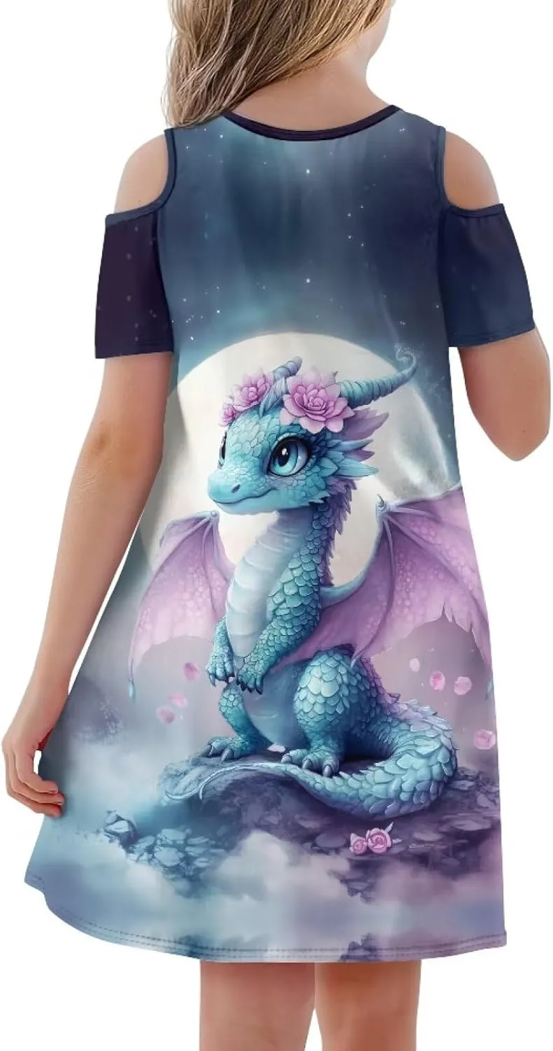 Summer Dress for Girls 3-13Y Kids Cold Shoulder Dresses Novelty Short Sleeve Mini Party Sundress with Pockets
