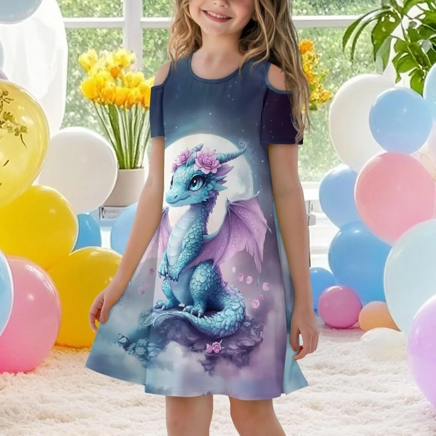 Summer Dress for Girls 3-13Y Kids Cold Shoulder Dresses Novelty Short Sleeve Mini Party Sundress with Pockets