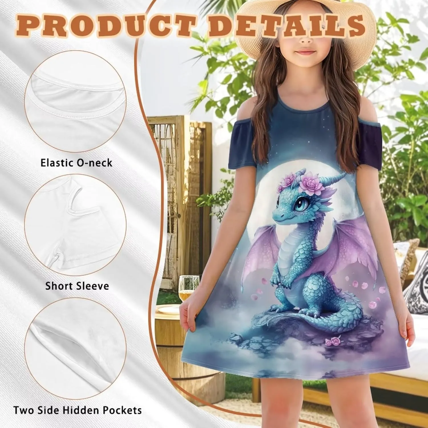 Summer Dress for Girls 3-13Y Kids Cold Shoulder Dresses Novelty Short Sleeve Mini Party Sundress with Pockets