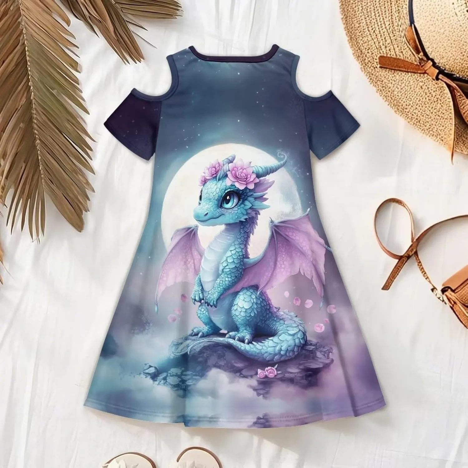 Summer Dress for Girls 3-13Y Kids Cold Shoulder Dresses Novelty Short Sleeve Mini Party Sundress with Pockets
