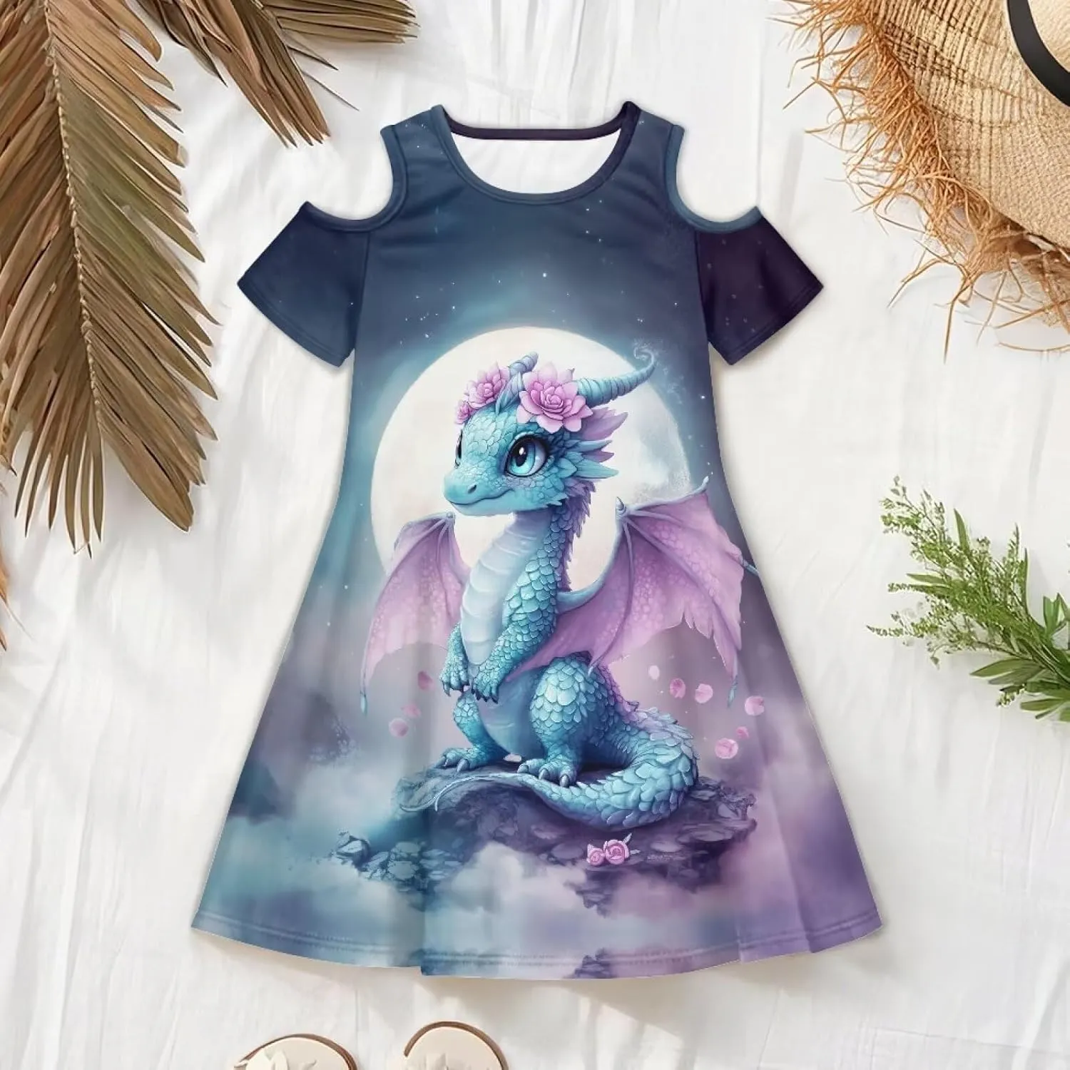 Summer Dress for Girls 3-13Y Kids Cold Shoulder Dresses Novelty Short Sleeve Mini Party Sundress with Pockets