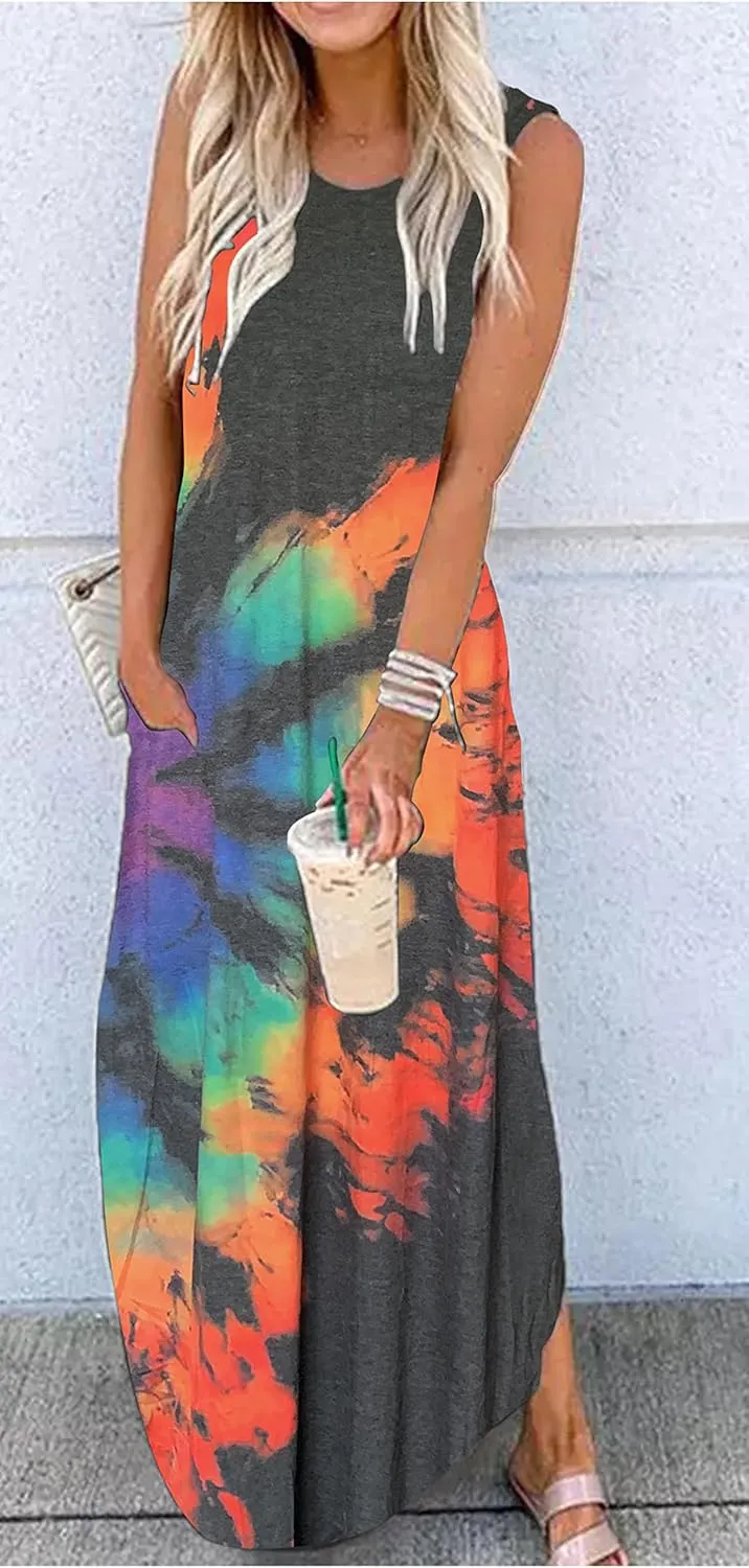 Summer Dresses for Women 2025 Beach Vacation Dress Boho Floral Sundresses Ladies Tropical Pockets Maxi Dress