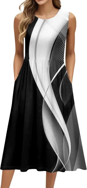 Summer Dresses for Women 2025 Casual Loose Fit Crew Neck Sleeveless Sundresses Elegant Comfy Floral Graphic Dress with Pocket
