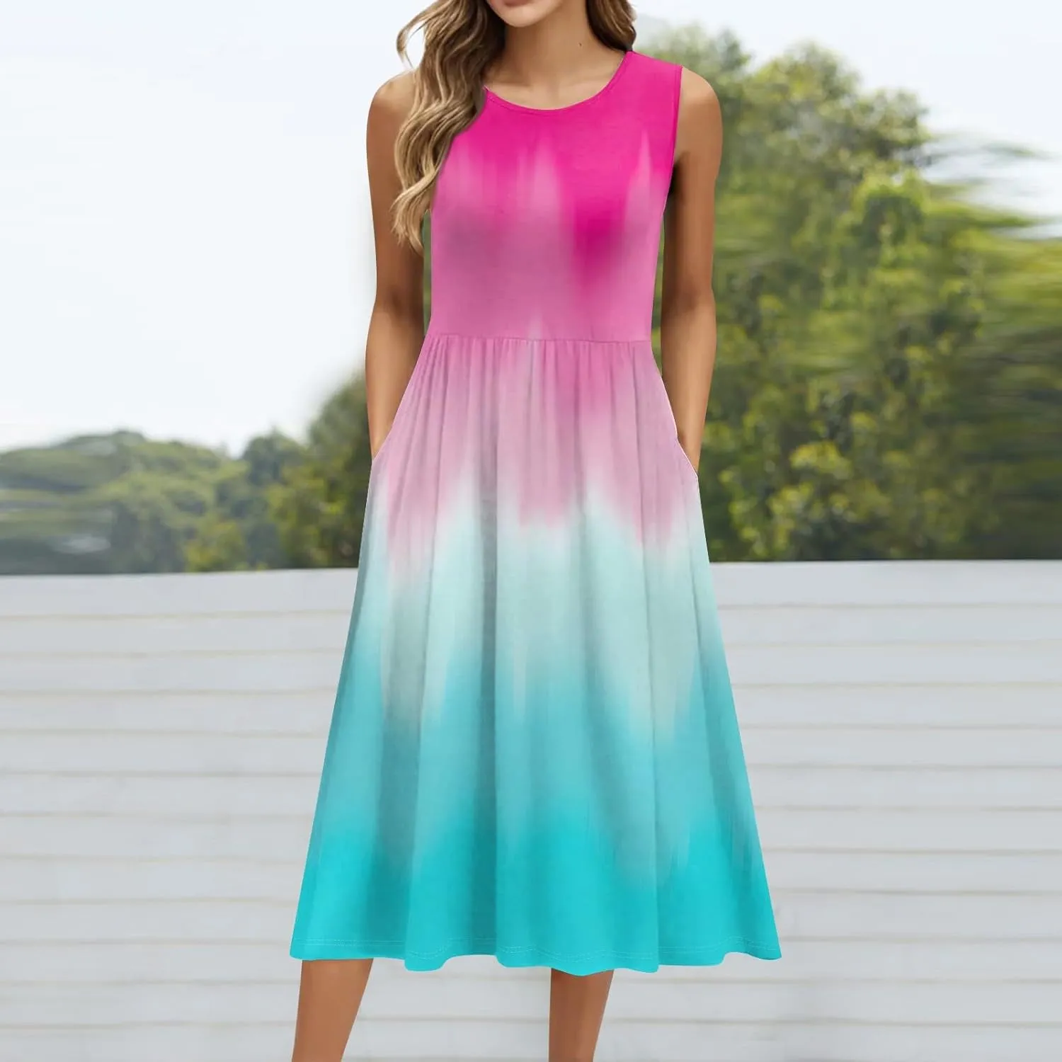 Summer Dresses for Women 2025 Casual Loose Fit Crew Neck Sleeveless Sundresses Elegant Comfy Floral Graphic Dress with Pocket