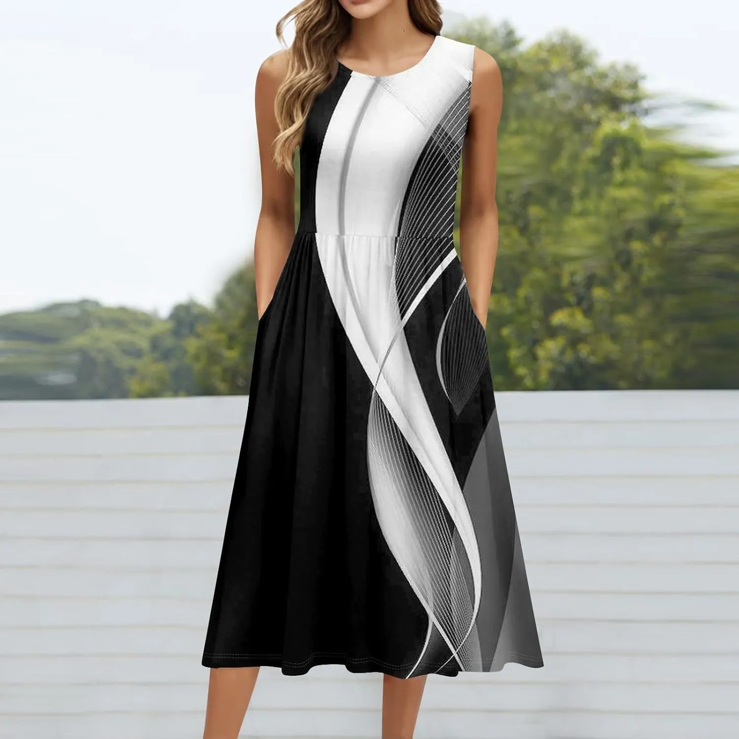 Summer Dresses for Women 2025 Casual Loose Fit Crew Neck Sleeveless Sundresses Elegant Comfy Floral Graphic Dress with Pocket