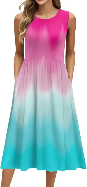 Summer Dresses for Women 2025 Casual Loose Fit Crew Neck Sleeveless Sundresses Elegant Comfy Floral Graphic Dress with Pocket