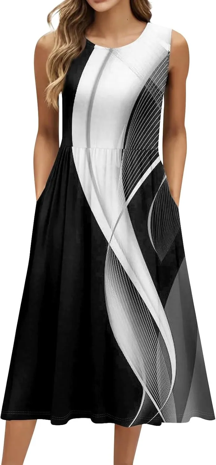 Summer Dresses for Women 2025 Casual Loose Fit Crew Neck Sleeveless Sundresses Elegant Comfy Floral Graphic Dress with Pocket