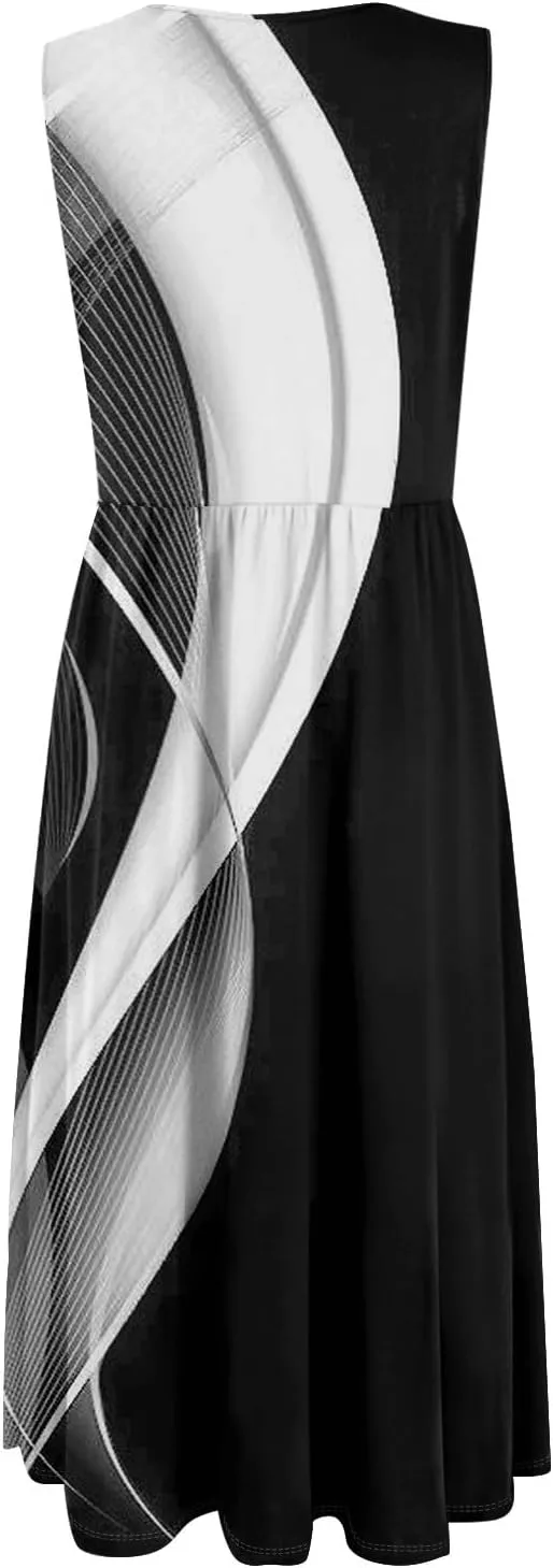 Summer Dresses for Women 2025 Casual Loose Fit Crew Neck Sleeveless Sundresses Elegant Comfy Floral Graphic Dress with Pocket