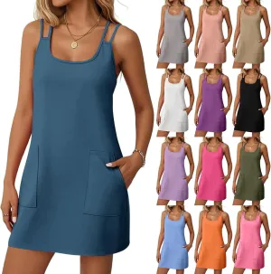 Summer Dresses for Women 2025 Sleeveless Spaghetti Strap Sexy Scoop Neck Tank Dress Casual Mini Sundress with Pocket