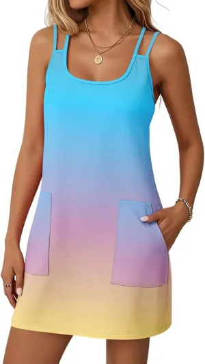 Summer Dresses for Women 2025 Sleeveless Spaghetti Strap Sexy Scoop Neck Tank Dress Casual Mini Sundress with Pocket