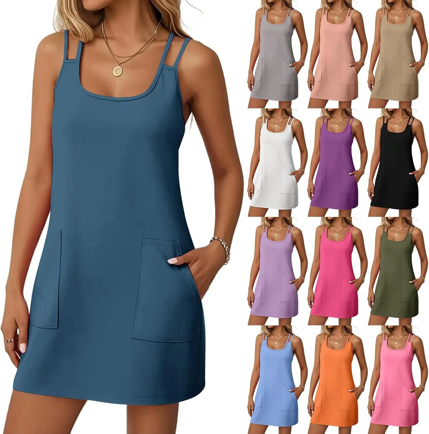 Summer Dresses for Women 2025 Sleeveless Spaghetti Strap Sexy Scoop Neck Tank Dress Casual Mini Sundress with Pocket