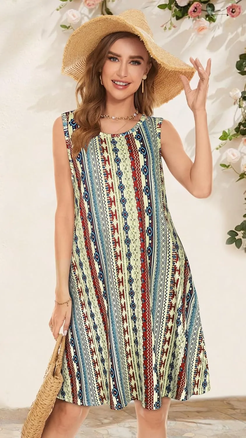 Summer Dresses for Women Beach Boho Sleeveless Vintage Floral Flowy Pocket Tshirt Tank Sundresses