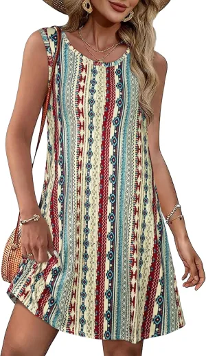 Summer Dresses for Women Beach Boho Sleeveless Vintage Floral Flowy Pocket Tshirt Tank Sundresses