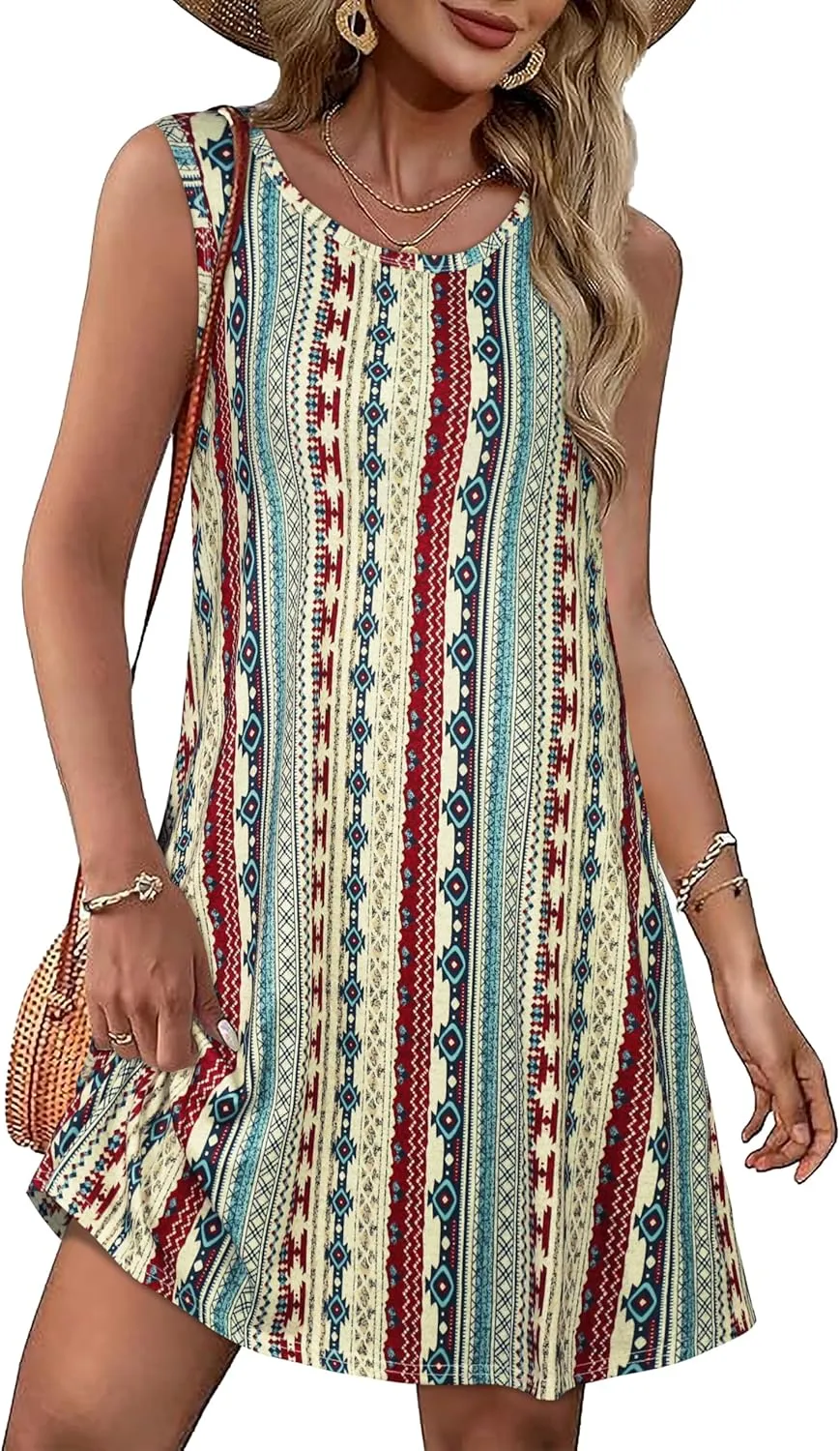 Summer Dresses for Women Beach Boho Sleeveless Vintage Floral Flowy Pocket Tshirt Tank Sundresses