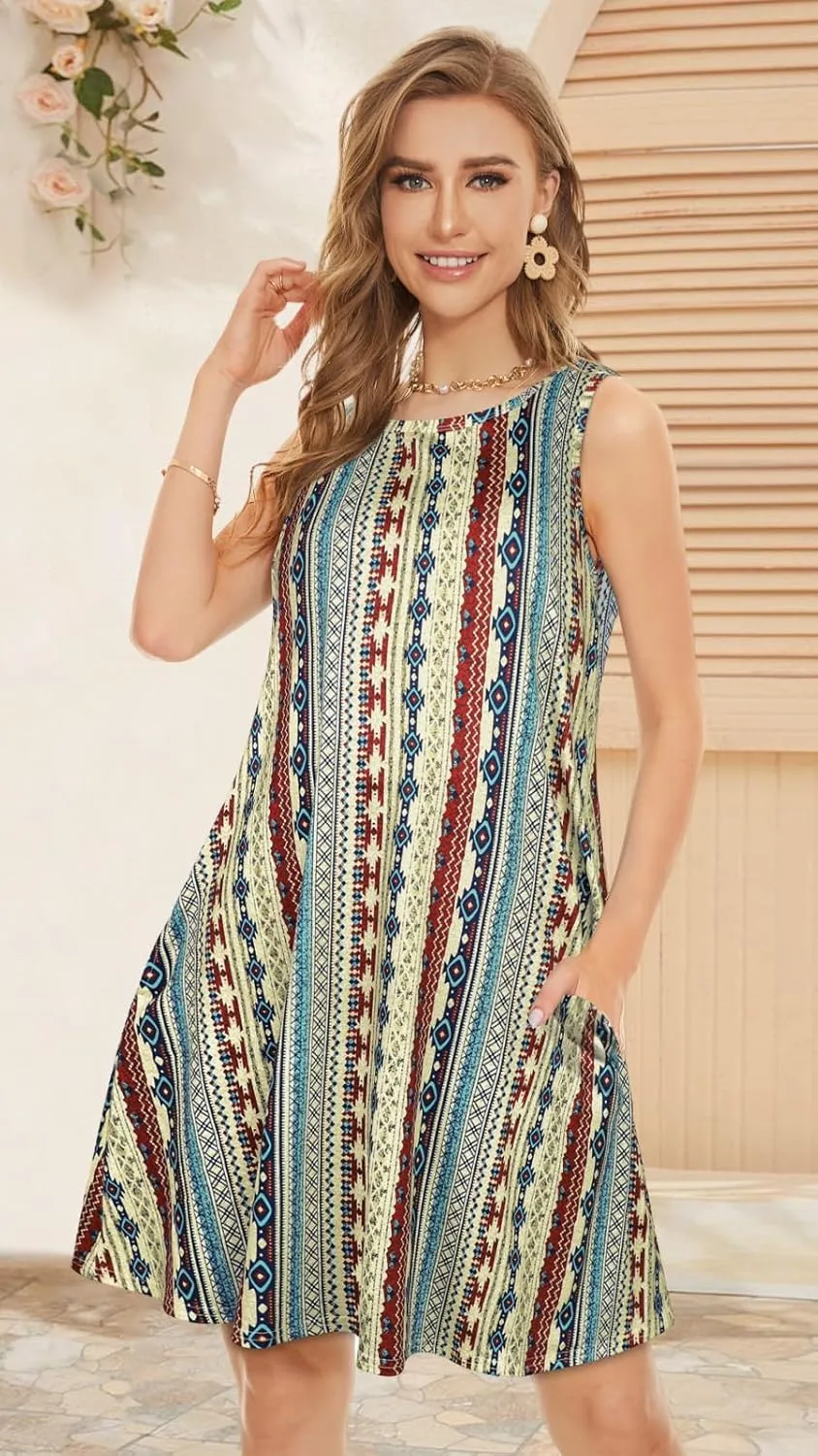 Summer Dresses for Women Beach Boho Sleeveless Vintage Floral Flowy Pocket Tshirt Tank Sundresses