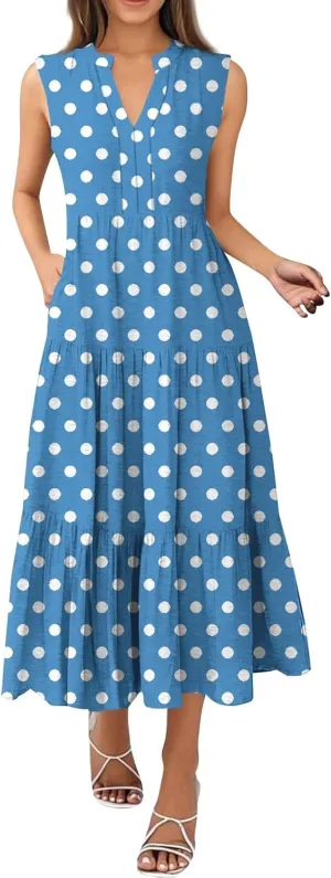 Summer Dresses for Women Sleeveless V Neck Sundresses High Wasited Print Soft Loose Casual Flowy Dress with Pocket