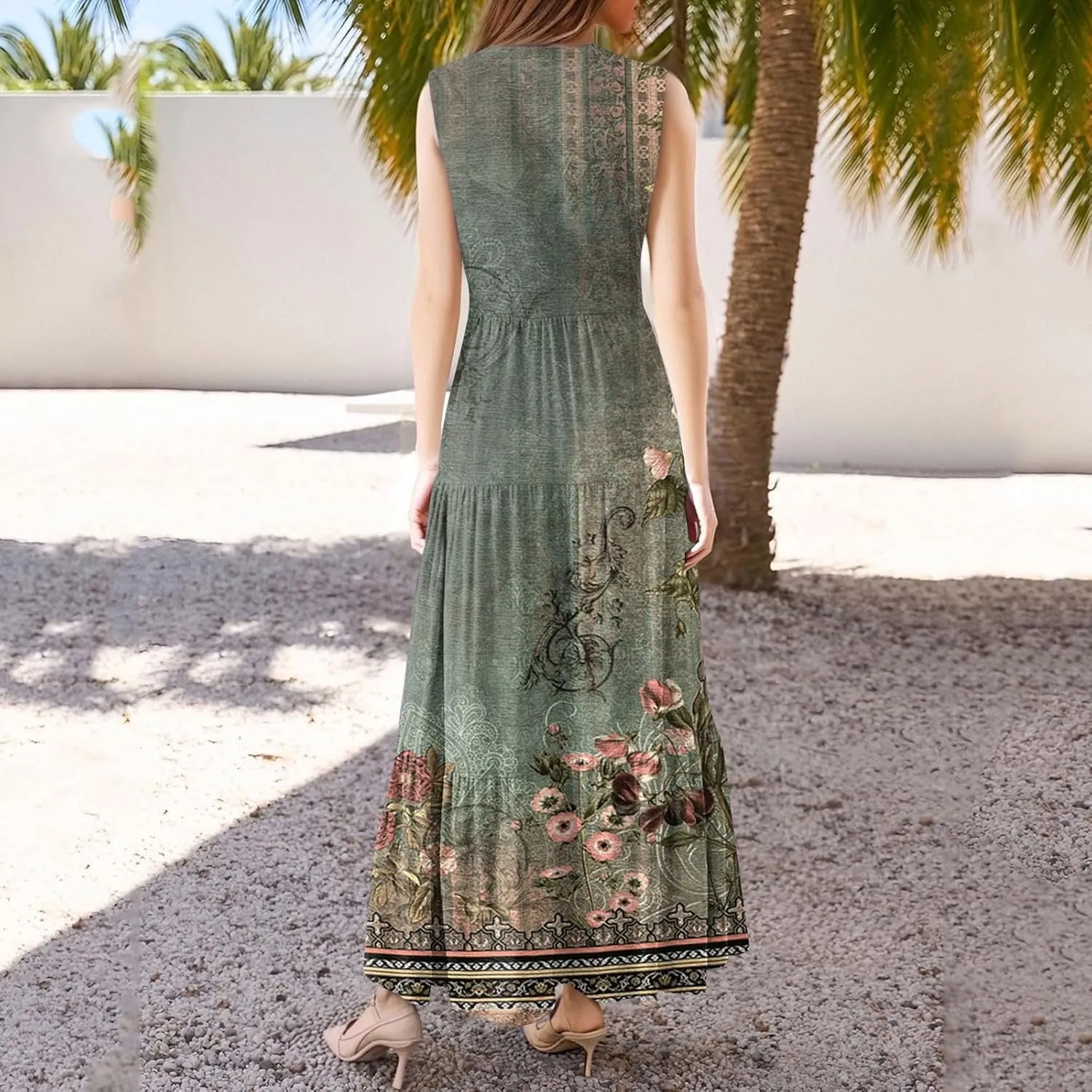 Summer Dresses for Women Sleeveless V Neck Sundresses High Wasited Print Soft Loose Casual Flowy Dress with Pocket