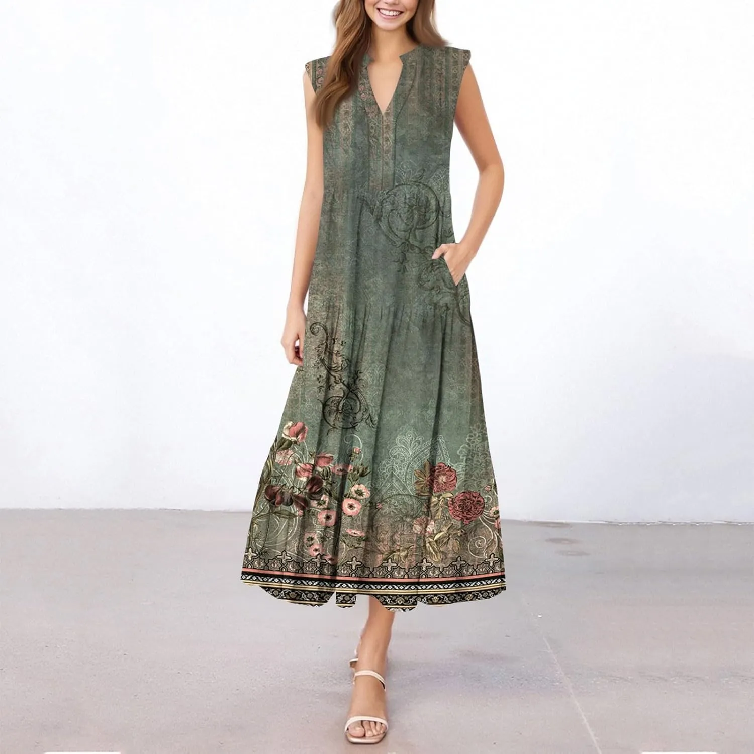 Summer Dresses for Women Sleeveless V Neck Sundresses High Wasited Print Soft Loose Casual Flowy Dress with Pocket