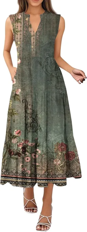 Summer Dresses for Women Sleeveless V Neck Sundresses High Wasited Print Soft Loose Casual Flowy Dress with Pocket