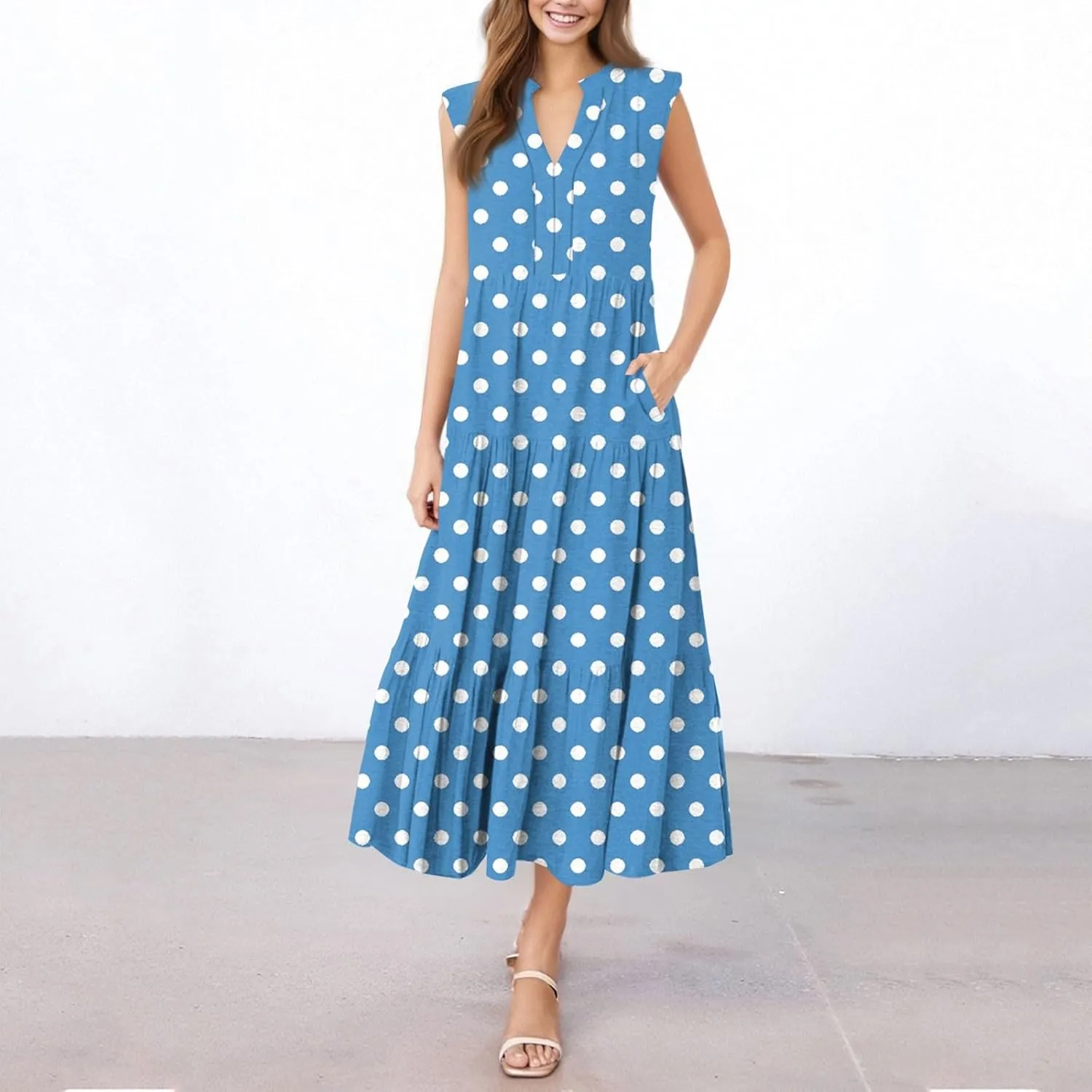 Summer Dresses for Women Sleeveless V Neck Sundresses High Wasited Print Soft Loose Casual Flowy Dress with Pocket