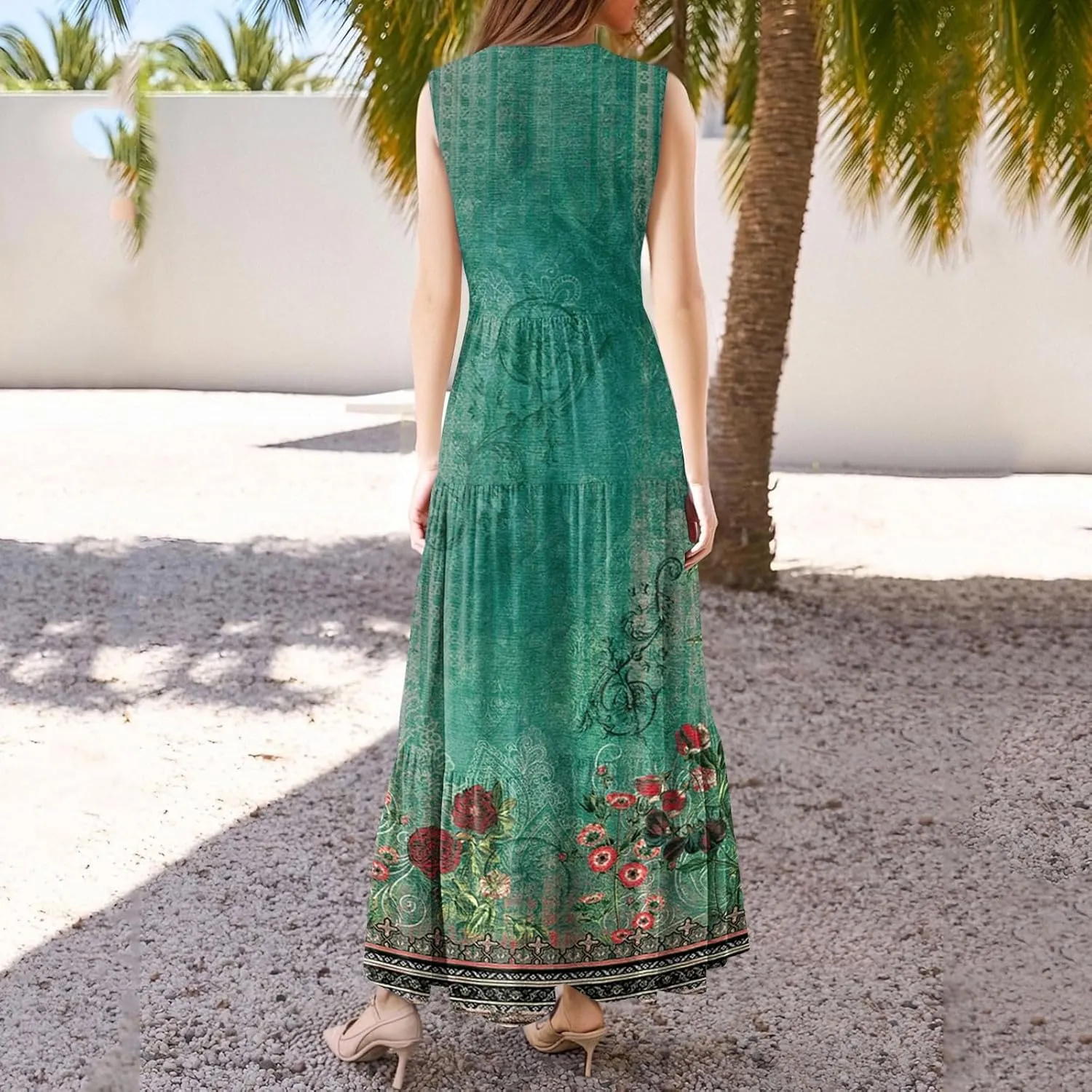 Summer Dresses for Women Sleeveless V Neck Sundresses High Wasited Print Soft Loose Casual Flowy Dress with Pocket