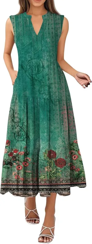 Summer Dresses for Women Sleeveless V Neck Sundresses High Wasited Print Soft Loose Casual Flowy Dress with Pocket