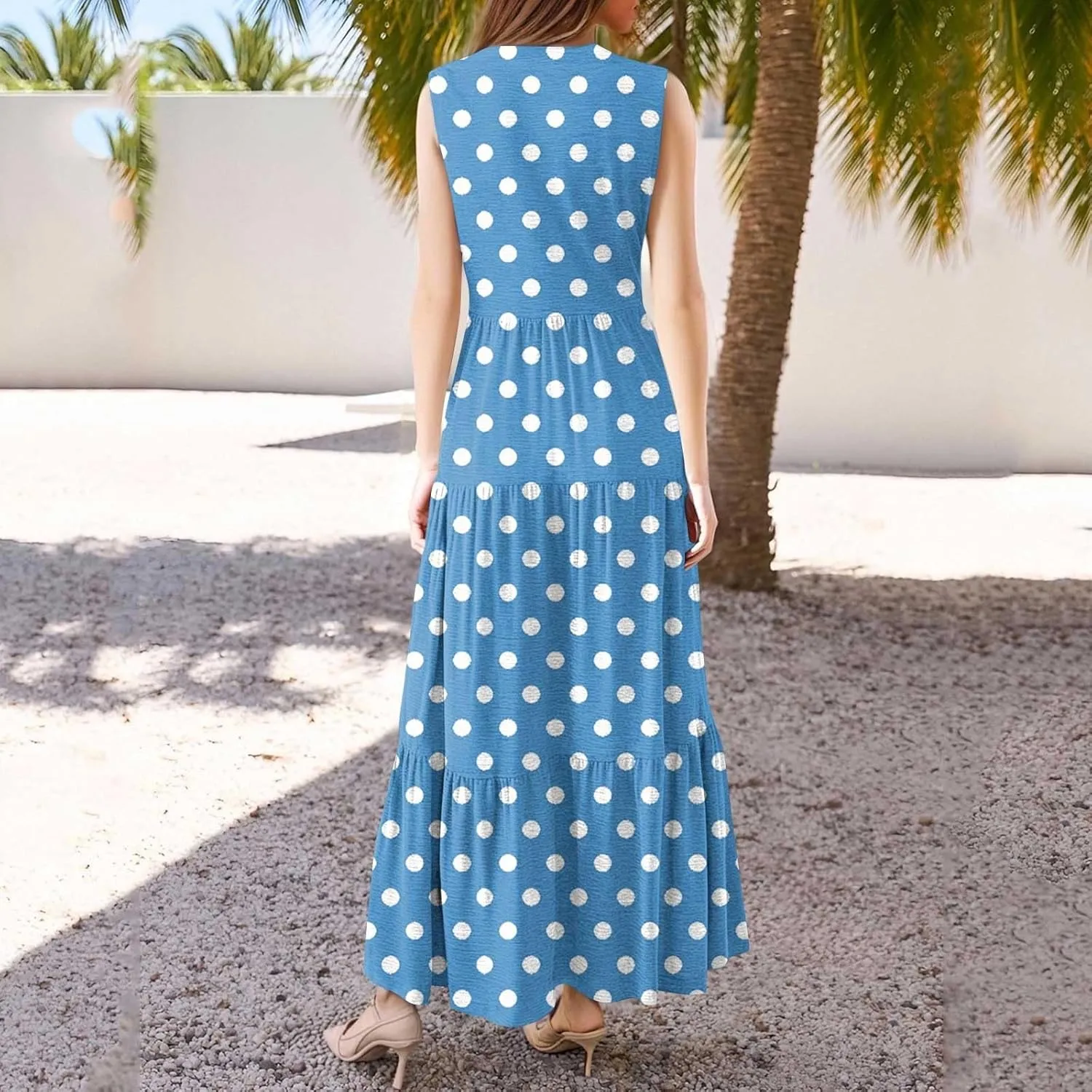 Summer Dresses for Women Sleeveless V Neck Sundresses High Wasited Print Soft Loose Casual Flowy Dress with Pocket