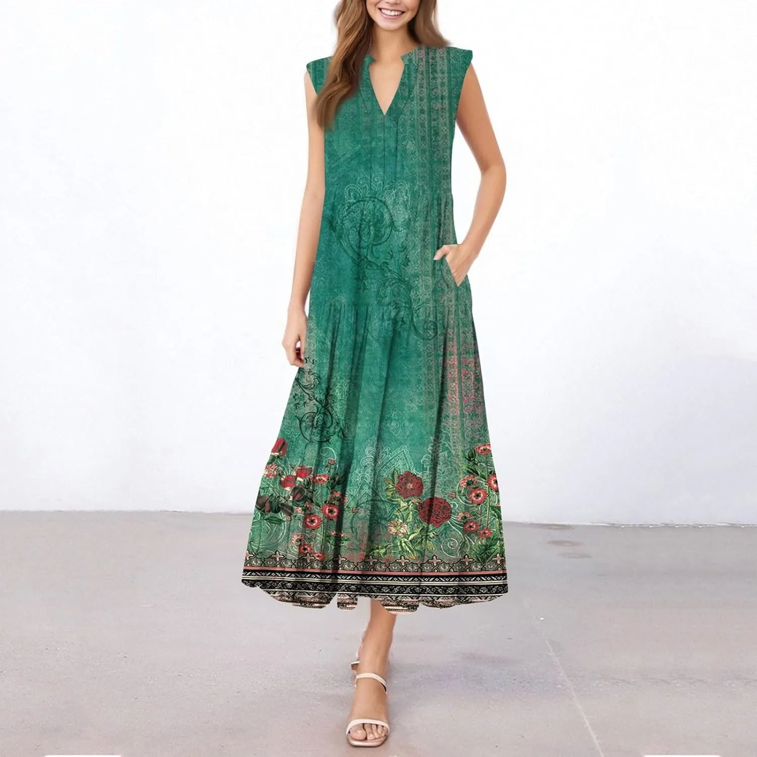 Summer Dresses for Women Sleeveless V Neck Sundresses High Wasited Print Soft Loose Casual Flowy Dress with Pocket