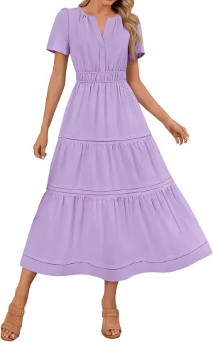 Summer Maxi Dresses for Women Puff Short Sleeve V Neck Flowy Tiered Beach A-Line Dress Casual Loose Sundress