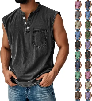 Summer Tank Tops Men Henley Neck Sleeveless Vintage Gym Muscle Workout Shirts Big and Tall Polo Beach Undershirts