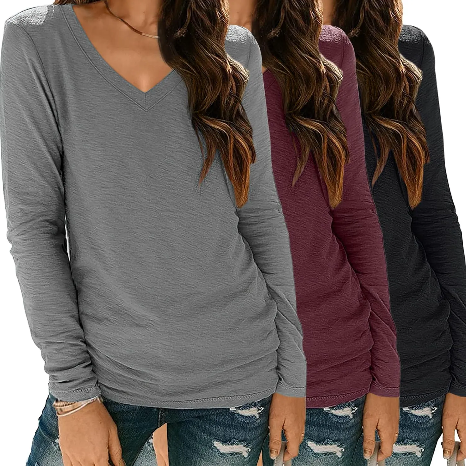 SUNBS 3 Pack Womens Long Sleeve Shirts V Neck Tops Loose Fit Causal Fall Fashion Outfits Trendy Clothes Winter 2025