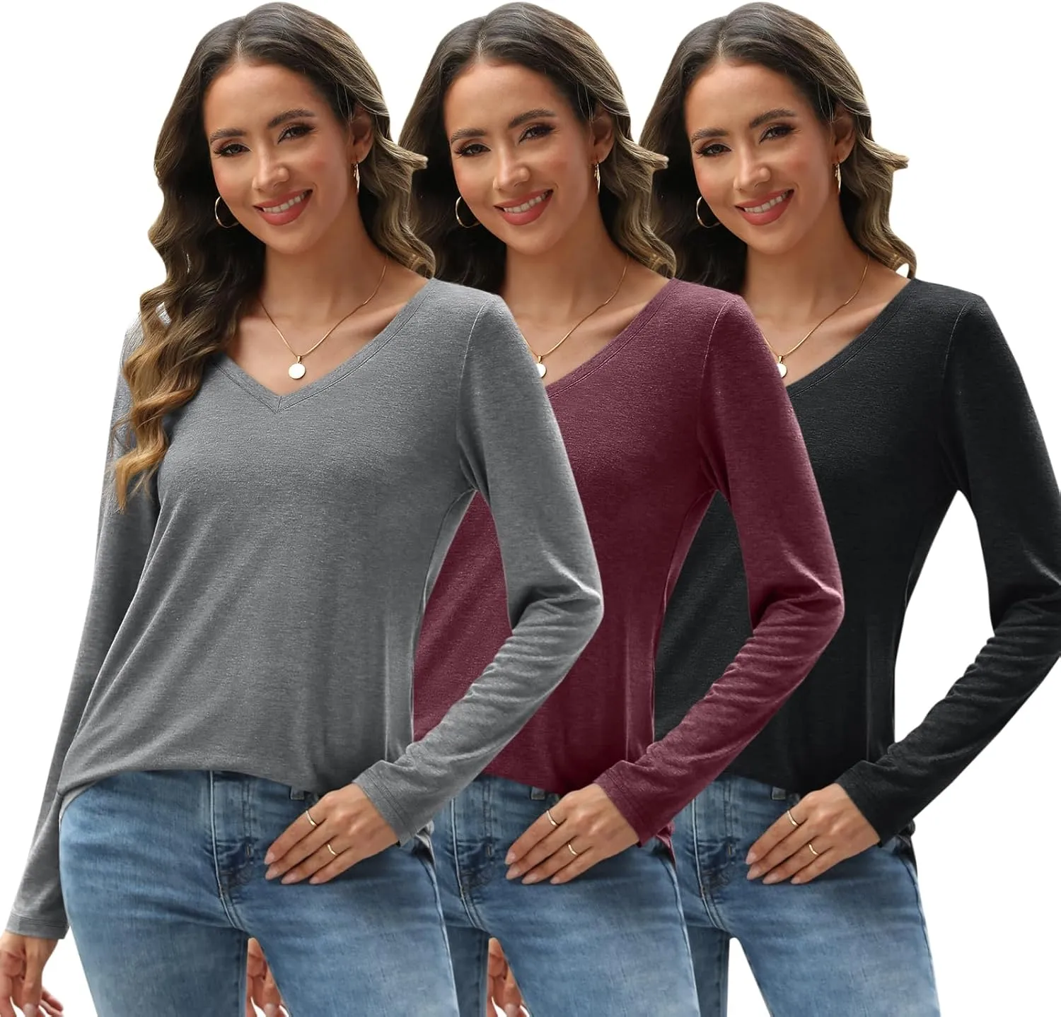 SUNBS 3 Pack Womens Long Sleeve Shirts V Neck Tops Loose Fit Causal Fall Fashion Outfits Trendy Clothes Winter 2025