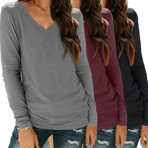 SUNBS 3 Pack Womens Long Sleeve Shirts V Neck Tops Loose Fit Causal Fall Fashion Outfits Trendy Clothes Winter 2025