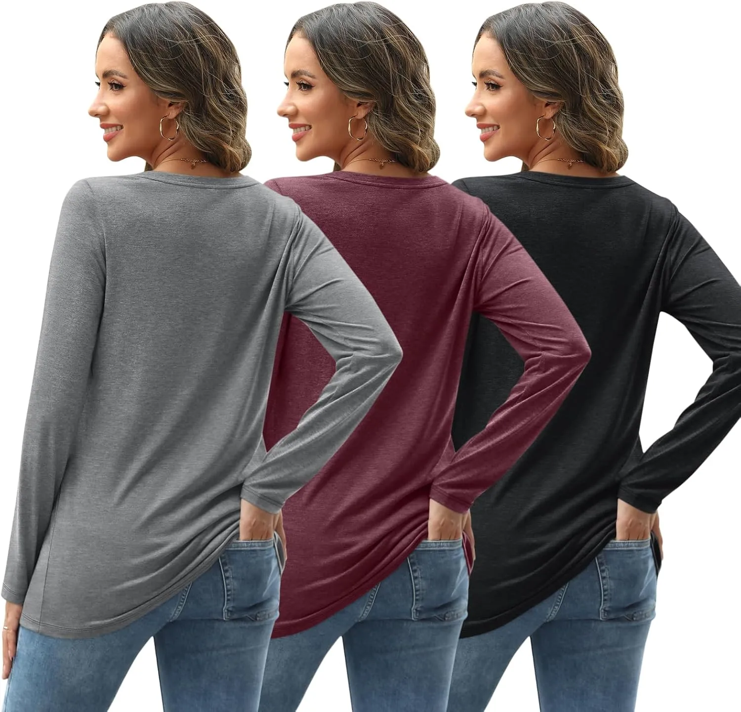 SUNBS 3 Pack Womens Long Sleeve Shirts V Neck Tops Loose Fit Causal Fall Fashion Outfits Trendy Clothes Winter 2025