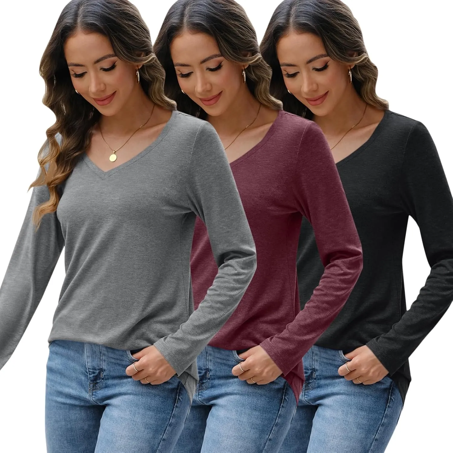 SUNBS 3 Pack Womens Long Sleeve Shirts V Neck Tops Loose Fit Causal Fall Fashion Outfits Trendy Clothes Winter 2025