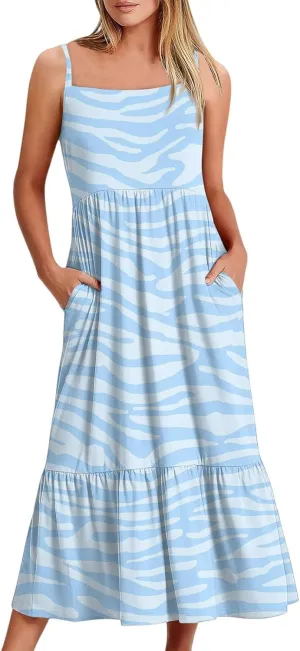 Sunflower Prints Sundress for Women Summer Casual Beach Cami Dress Spaghetti Strap Elastoc Waist Pencil Pocket Dresses