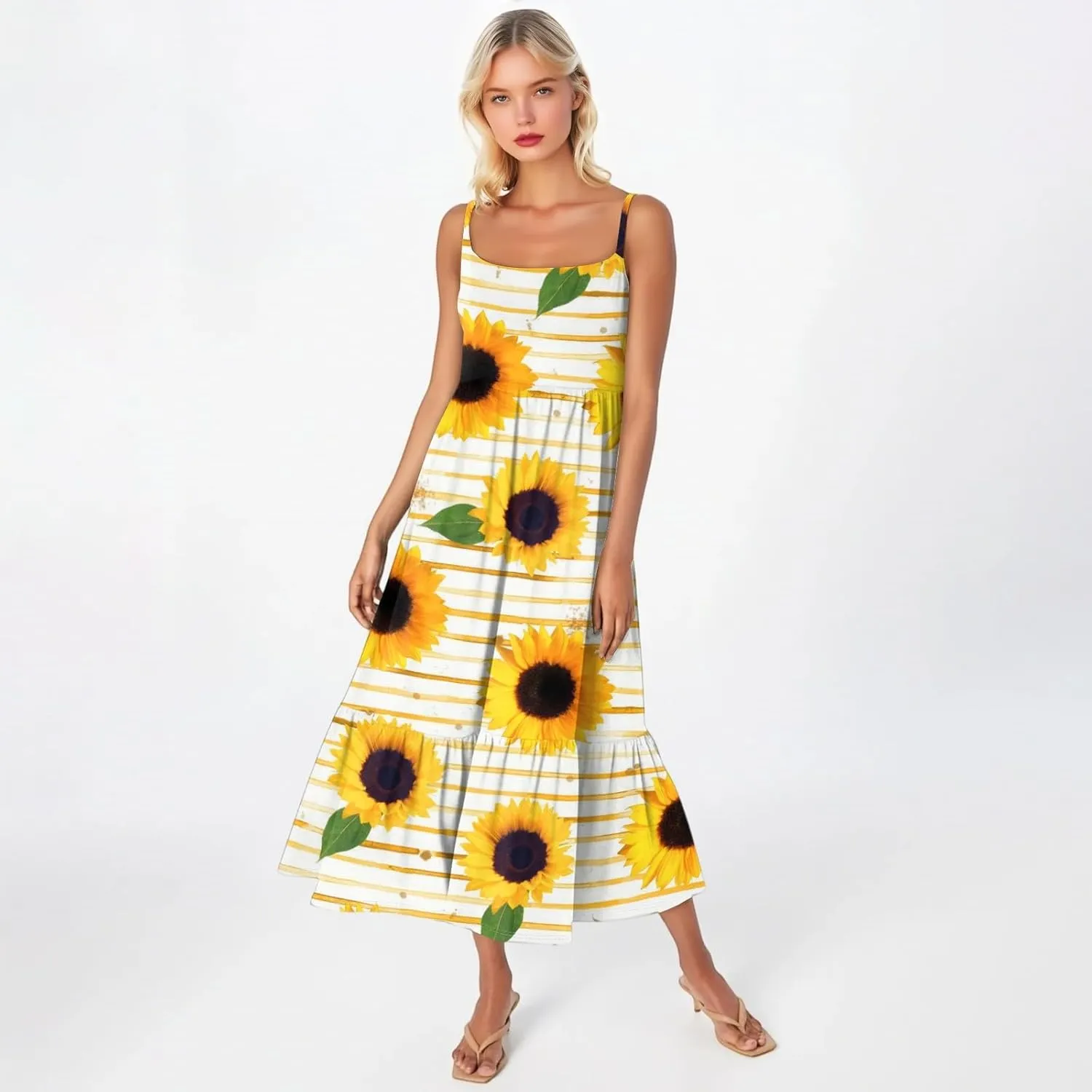 Sunflower Prints Sundress for Women Summer Casual Beach Cami Dress Spaghetti Strap Elastoc Waist Pencil Pocket Dresses