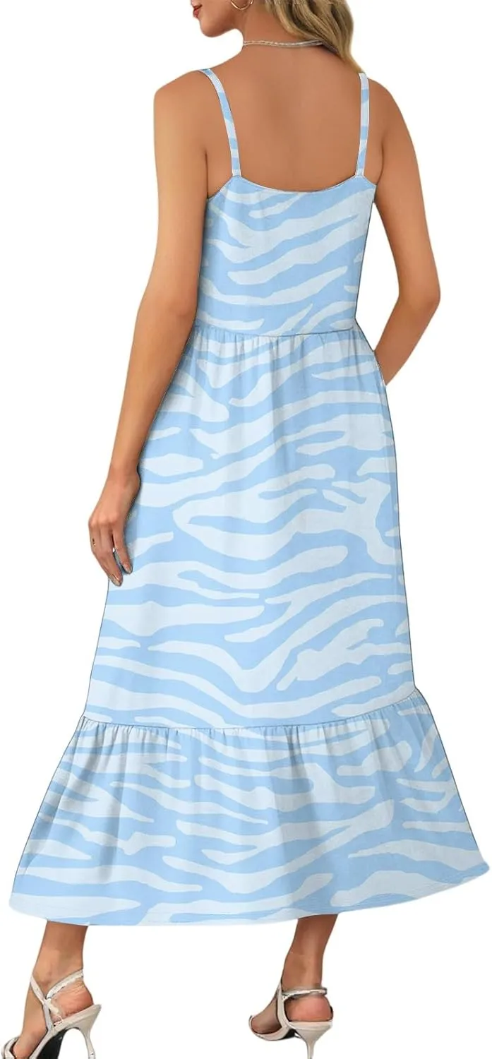 Sunflower Prints Sundress for Women Summer Casual Beach Cami Dress Spaghetti Strap Elastoc Waist Pencil Pocket Dresses