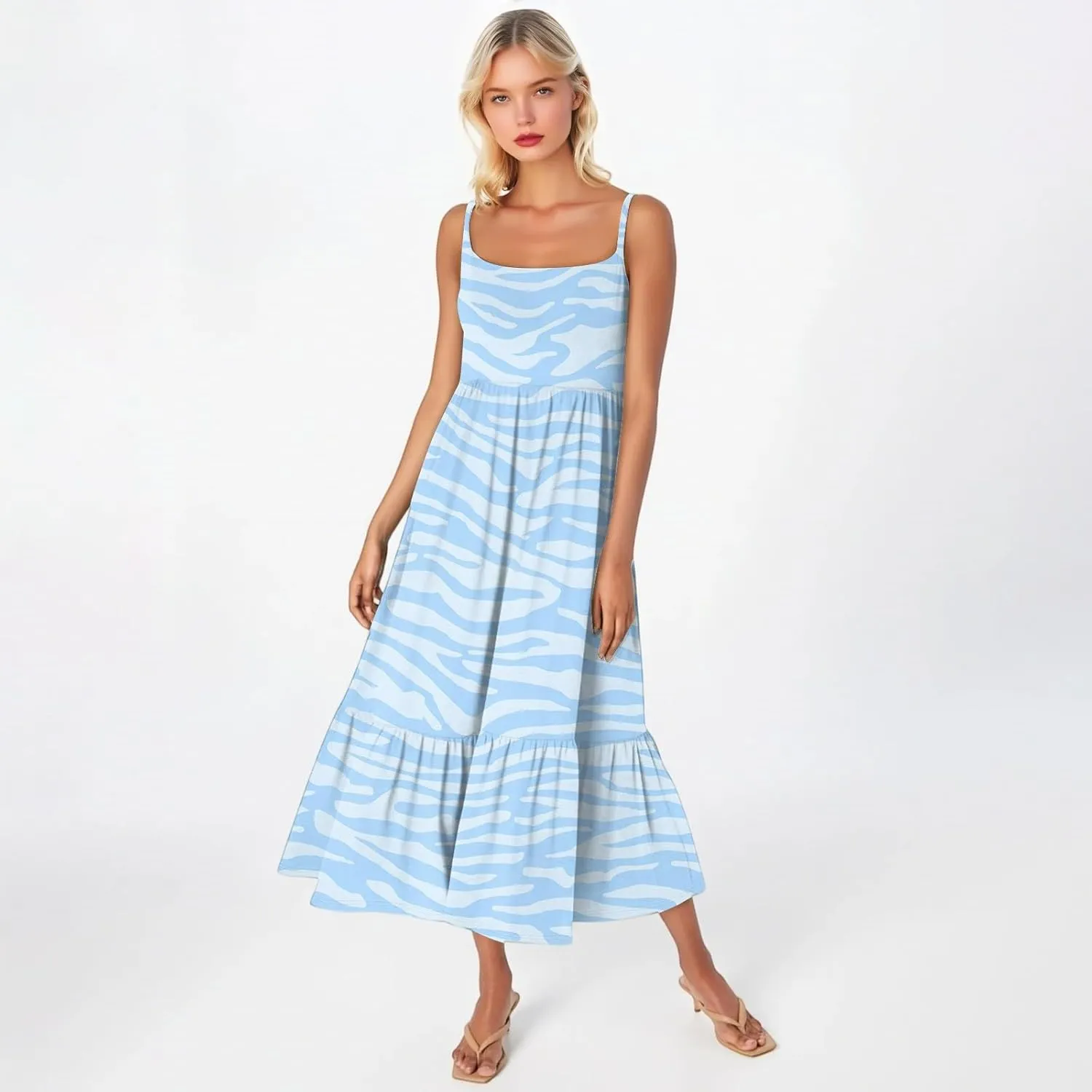 Sunflower Prints Sundress for Women Summer Casual Beach Cami Dress Spaghetti Strap Elastoc Waist Pencil Pocket Dresses
