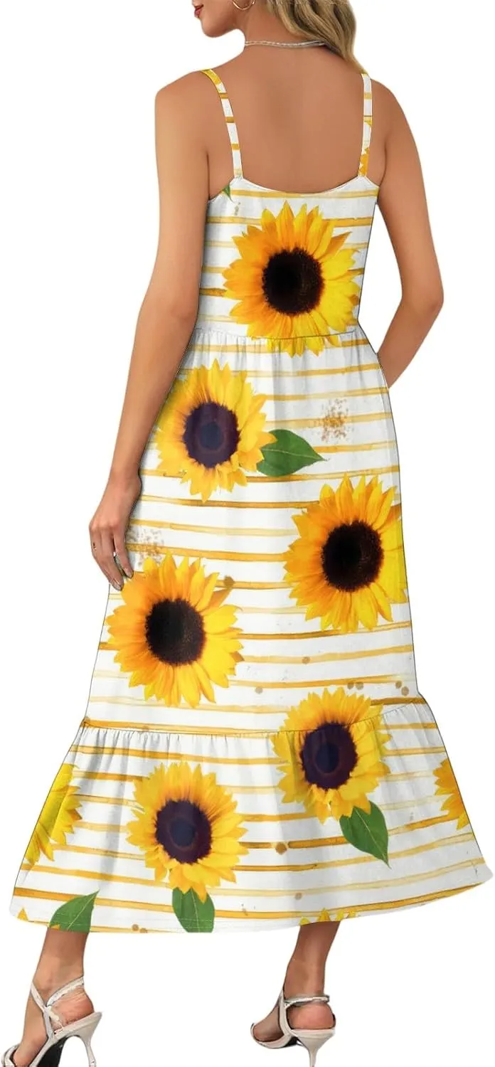 Sunflower Prints Sundress for Women Summer Casual Beach Cami Dress Spaghetti Strap Elastoc Waist Pencil Pocket Dresses