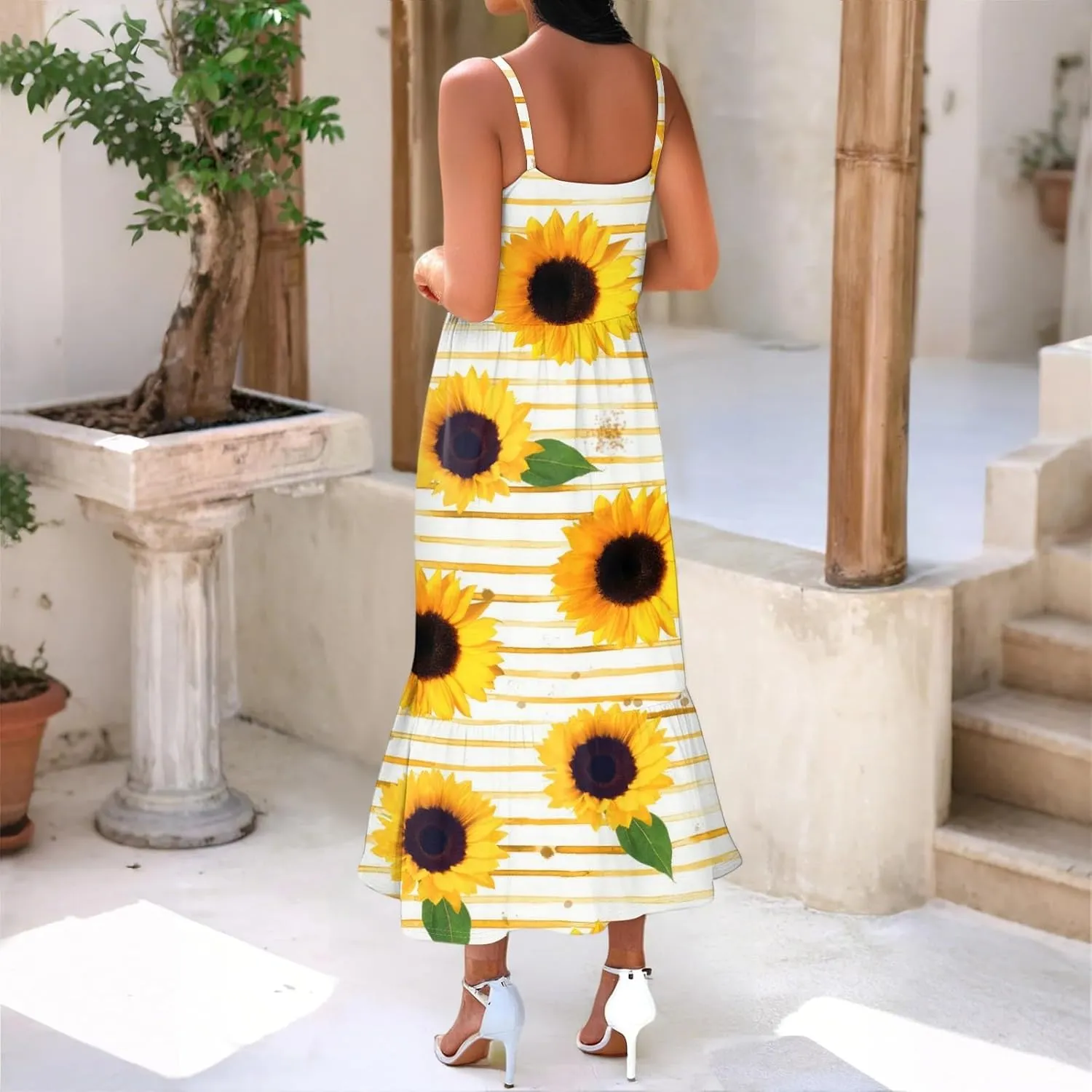 Sunflower Prints Sundress for Women Summer Casual Beach Cami Dress Spaghetti Strap Elastoc Waist Pencil Pocket Dresses