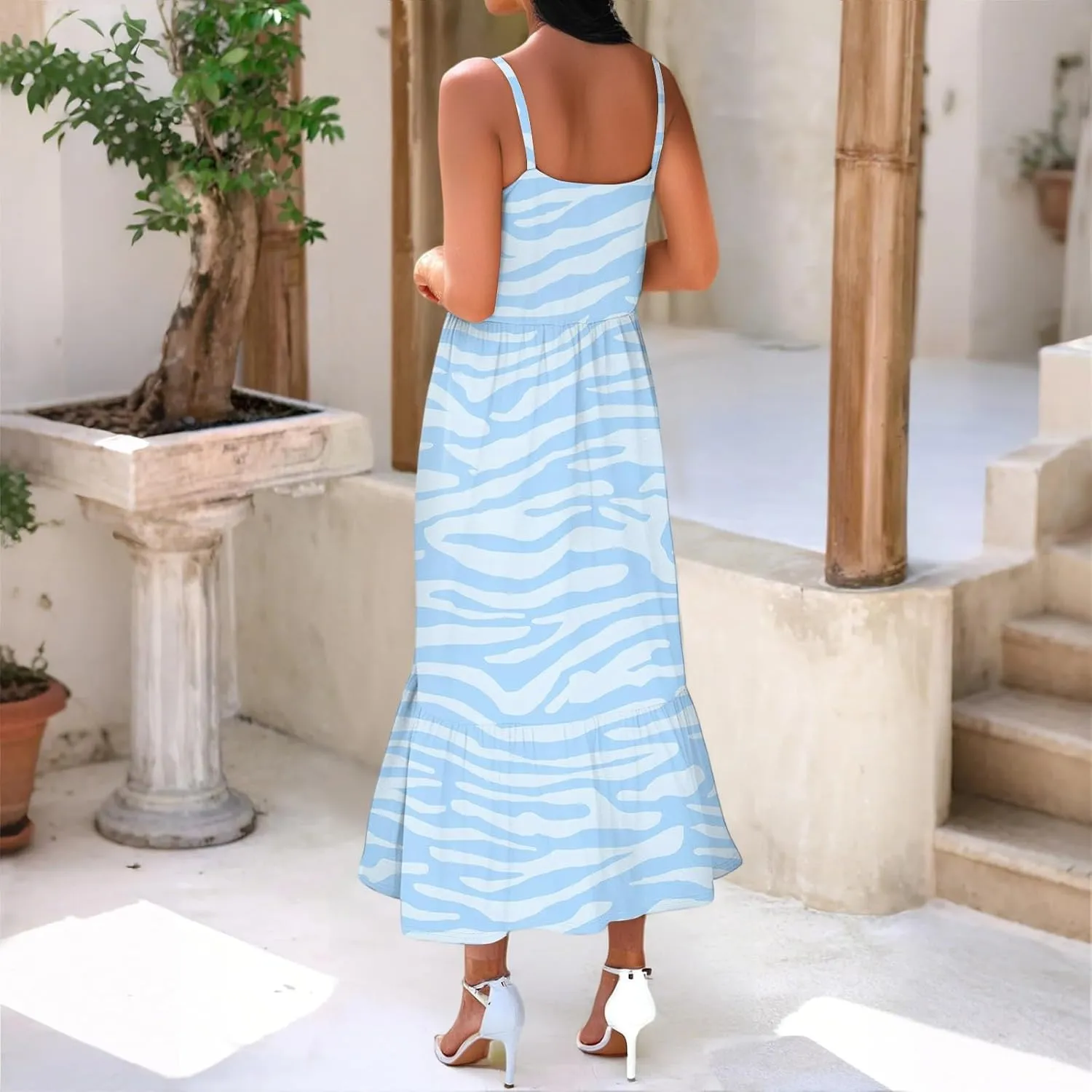 Sunflower Prints Sundress for Women Summer Casual Beach Cami Dress Spaghetti Strap Elastoc Waist Pencil Pocket Dresses