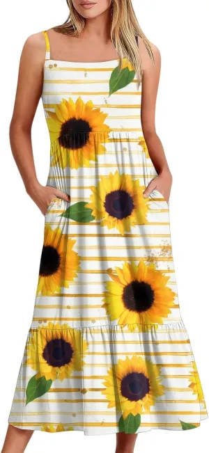 Sunflower Prints Sundress for Women Summer Casual Beach Cami Dress Spaghetti Strap Elastoc Waist Pencil Pocket Dresses