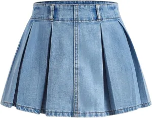 SweatyRocks Women's Casual Ruffle Pleated Denim Skirt Raw Hem Short A Line Jean Skirts
