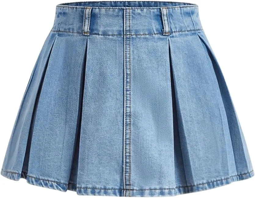 SweatyRocks Women's Casual Ruffle Pleated Denim Skirt Raw Hem Short A Line Jean Skirts