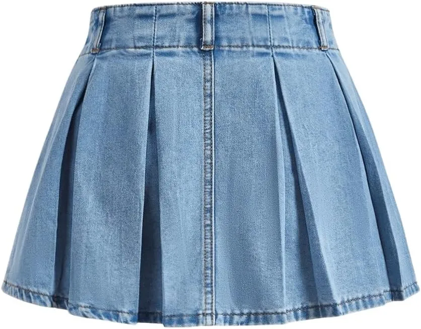 SweatyRocks Women's Casual Ruffle Pleated Denim Skirt Raw Hem Short A Line Jean Skirts