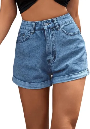 SweatyRocks Women's High Rise Roll Up Hem Straight Leg Denim Jean Shorts with Pocket